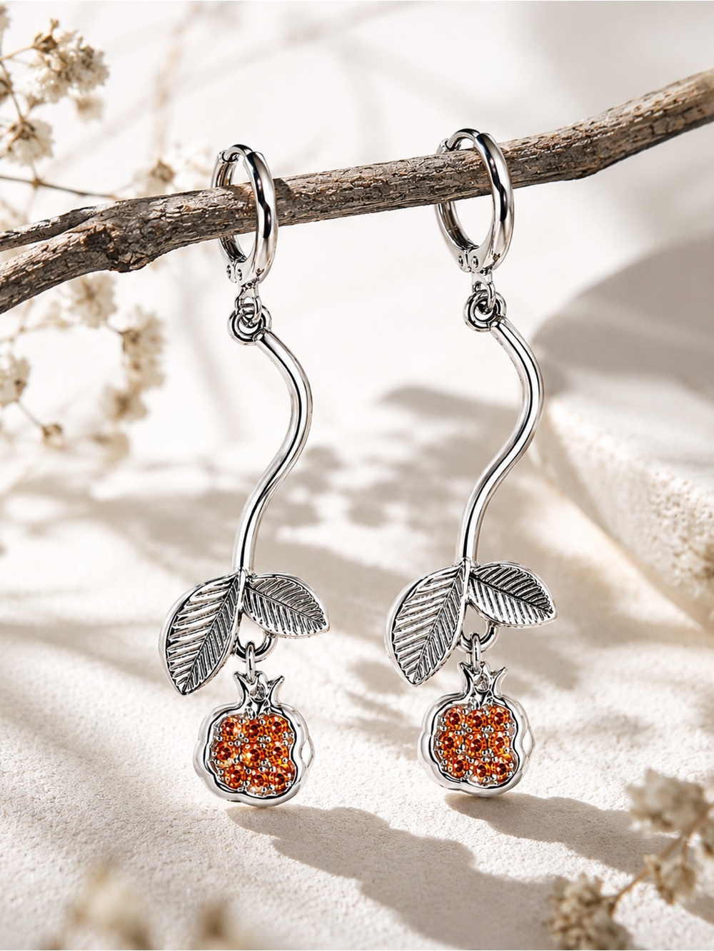 Silver Pomegranate Earrings Orange Crystal Botanical Art Nouveau Dangle